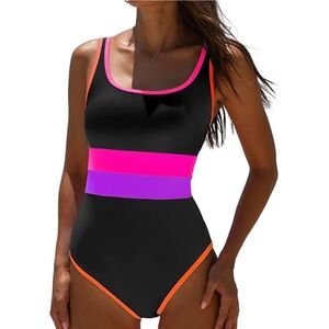 Colorblock One-Piece Swimsuit women’s tummy control NWT XL  black w/ neon colors